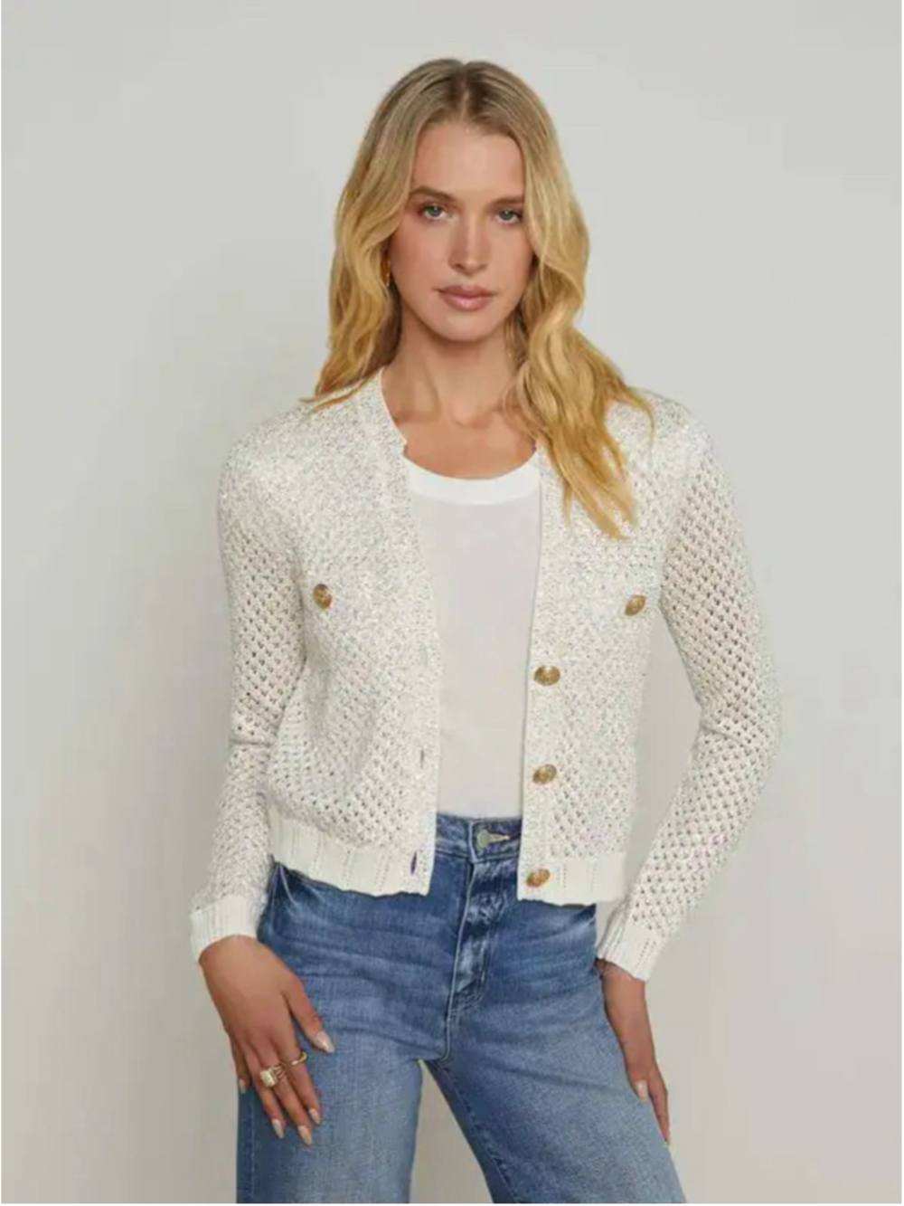 L’Agence Blanca Sequin Crop Cardigan Sweater White Gold Buttons Size M NWT
